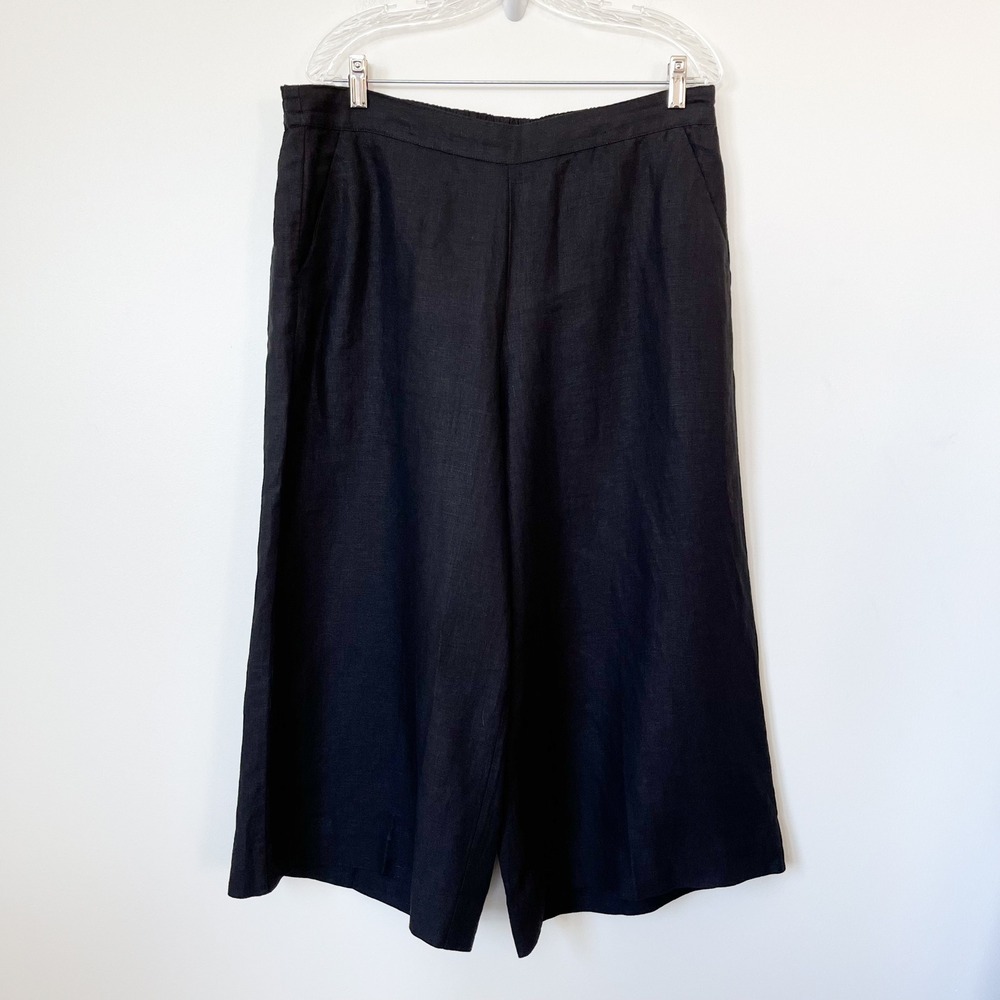 Chico's Linen Pull On Wide Leg Cropped Pants Black‎ Womens 12P Petite